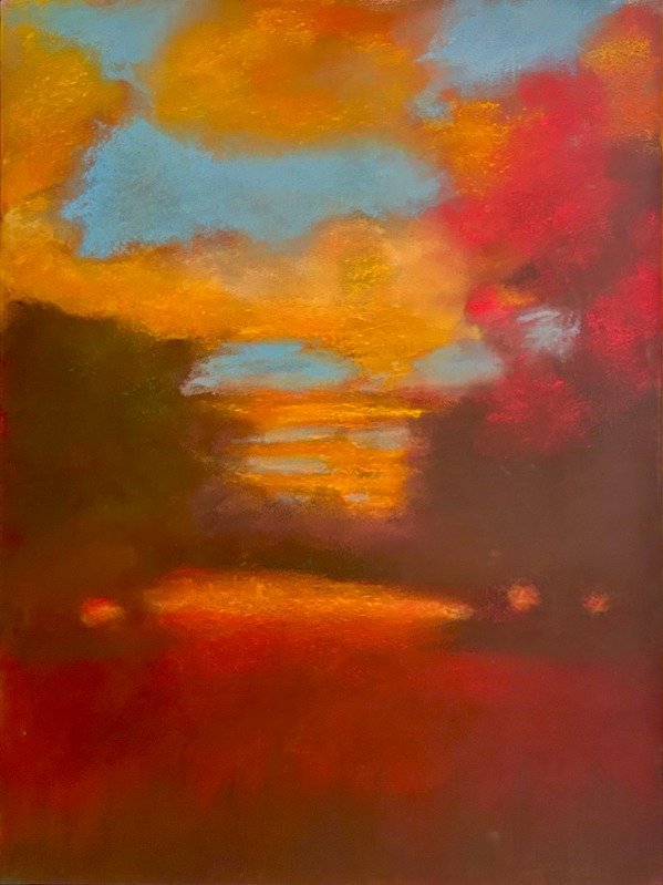 Ember Sky Swallowing the River — pastel painting by Karin Kepler Springer